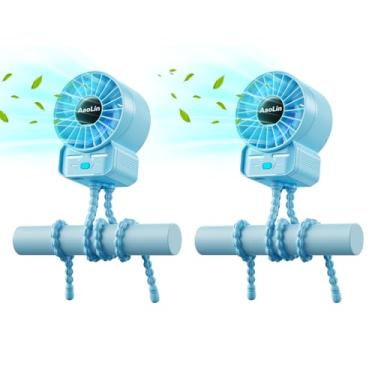 Imagem de Pacote com 2 ventiladores de carrinho de bebê multifuncionais 4 velocidades 6600 rpm alta velocidade usb recarregável mini ventilador portátil pessoal tripé estendido para mesa enrolamento cama de