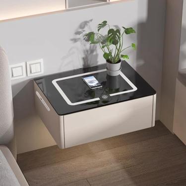 Imagem de Mesa de cabeceira de parede para quarto, mesa de cabeceira com estação de carregamento, 1 gaveta, mesa lateral moderna branca LED, mesa de cabeceira adorneve, mesa de cabeceira fina para sal