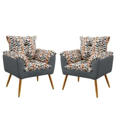 Imagem de Kit 2 Poltronas Decorativas Beta Sued Estampado Laranja com Cinza Arad
