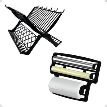 Imagem de Kit Porta Rolo De Papel Escorredor Pratos Louças Cozinha Preto