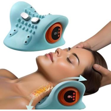 Imagem de Massageador de pescoço Hugterra, almofada de massagem Shiatsu portátil, dispositivo de tração cervical multifuncional recarregável, 6 intensidades, 3 aquecimentos