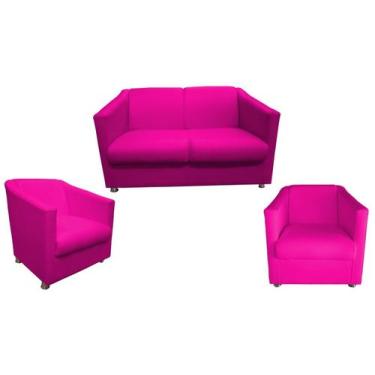 Imagem de Kit Namoradeira + 2 Poltronas Decorativa Biane Couro Rosa Pink Pés Cro