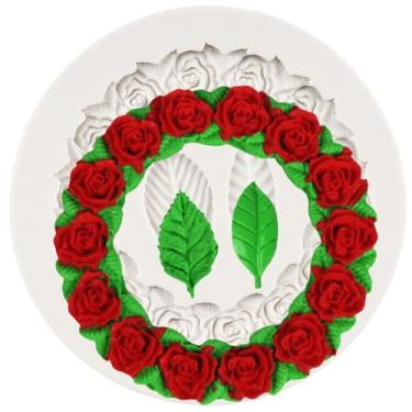 Imagem de QDMOLDS Guirlanda de rosas com folhas, moldes de fondant, guirlanda de flores, moldes de silicone para decoração de bolo de casamento, topo de cupcake, chocolate, doces, açúcar, artesanato, pasta de
