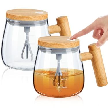 Imagem de Maxcheck 2 peças de caneca de café de vidro automisturável com alça de tampa copo elétrico automático giratório liquidificador caneca para misturar bebida leite proteína escritório casa, 400 ml