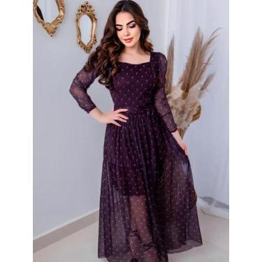 Imagem de Vestido de Tule Longo Soltinho Estampado Festa com Faixa e Manga - Fas