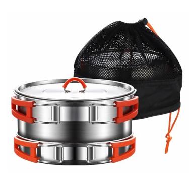 Imagem de Conjunto de panelas e frigideiras de acampamento de aço inoxidável 304, inclui panela antiaderente em bolsa de malha para caminhadas, cozinha ao ar livre, mochila para 1 a 2 pessoas
