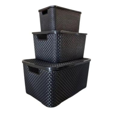 Imagem de Kit 3 Caixas Organizadoras Rattan Preta P M G  - Arqplast