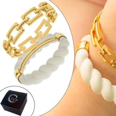 Imagem de Kit 02 Braceletes Elo Quadrado e Corda Resina Marfim Branco 78mm e 70m