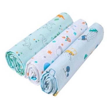 Imagem de Kit 3 Cueiros Papi Flanelado 1,0x0,8m Estampado Menino Azul, Azul Clar