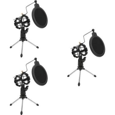 Imagem de Kit 3Pedestal Suporte Tripé Móvel De Mesa Com Pop Filter - Waver, Pret