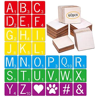 Imagem de 30 peças de letras de estêncil de azulejo estilo Scrabble de 7,6 cm com 60 peças de madeira quadrada inacabada de 7,6 cm para decoração de casa e projetos faça você mesmo, pintura de nomes de família, escrita, arte de decoração de parede de azulejo, adereços para fotos