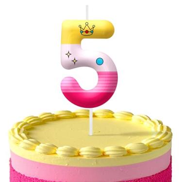 Imagem de Velas de aniversário de desenho animado rosa, número 5, suprimentos de festa de aniversário com tema de princesa rosa, velas de aniversário de 6 cm para decoração de topo de bolo, decorações de