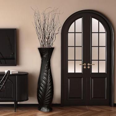 Imagem de POPGRAT Vaso alto preto de 76 cm, vaso de cerâmica grande feito à mão para decoração de casa, sala de estar, vasos decorativos com estampa de penas, vaso de canto com abertura de boca larga para grama