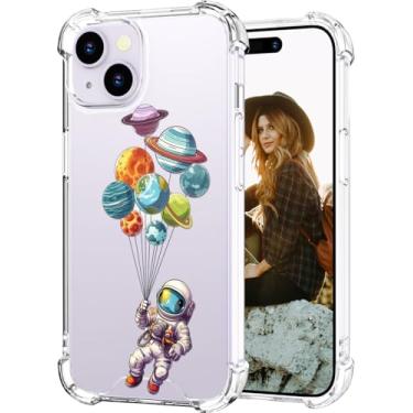 Imagem de Hungo Capa compatível com iPhone 14 para mulheres meninas design claro bonito, designer feminino estética telefone 14 capas desenho animado astronauta voando arte espaço planetas galáxia balões