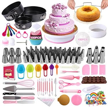 Imagem de Kit de artigos para decoração de bolos, DAFONSO 464 peças com bandeja giratória de bolo antiderrapante e formas de bolo Springform, conjunto de pontas de confeito, molde de chocolate e copos de muffin, utensílios de assar para iniciantes e amantes de bolos