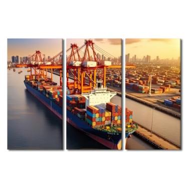 Imagem de Arte de parede Multi Painel Logístico Importação Exportação e Transporte Indústria Caminhão Contêiner Carga Navio Impressão em Tela para Sala de Estar Quarto Banheiro Decoração de Parede Emoldurada