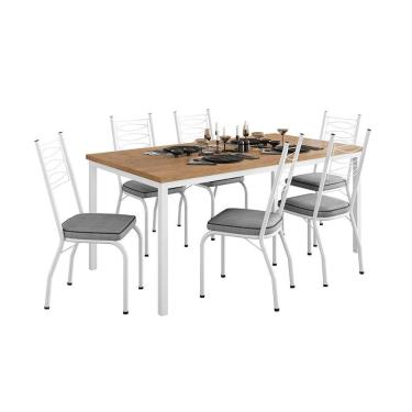 Imagem de Conjunto de Mesa Retangular com Tampo de MDP Amadeirado e 6 Cadeiras Adriana Revestimento Sintético Platina e Branco