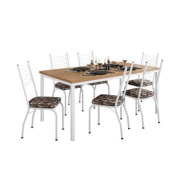Imagem de Conjunto de Mesa Retangular com Tampo de MDP Amadeirado e 6 Cadeiras Adriana Revestimento Sintético Palha e Branco