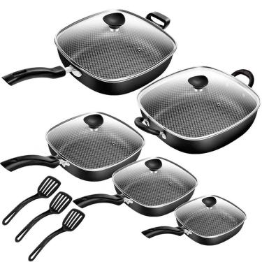 Imagem de Jogo Frigideiras Quadrada Antiaderente Clear Coat Preto Com Tampa De Vidro 5 Peças Patolux