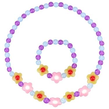 Imagem de Mikovivi Conjunto de joias para meninas, lindas joias para meninas, colar e pulseira com contas de flores coloridas, colar infantil para meninas, bijuterias de fantasia para lembrancinhas de festa,