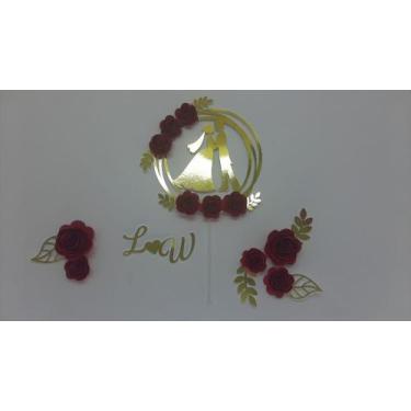 Imagem de Topo de Bolo Casamento Letra Inicial Flores Vermelhas - MIWL ART