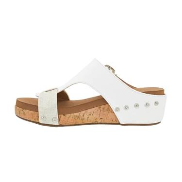 Imagem de Corkys Footwear Cunha Top Secret de 5 cm, com um design sem cadarço, palmilhas acolchoadas de EVA exclusivas para uso o dia todo, tachas ao longo da sola e uma fivela ajustável, Combo branco e prata,