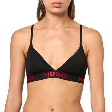 Imagem de HUGO Sutiã feminino de renda triangular com logotipo repetido, Couro preto, GG