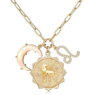 Imagem de MISS RIGHT Colar de moedas de signo do zodíaco de ouro com pingente de lua crescente de opala para mulheres meninas da moda, corrente delicada de clipe de papel de ouro 12 colares de horóscopo de constelação colares de astrologia joias presentes, 18.11 inches, Gema, Zircônia cúbica