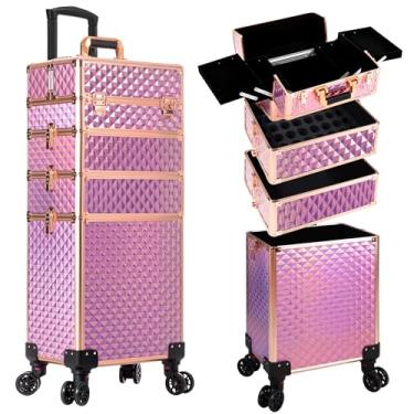 Imagem de AROUS Estojo de maquiagem com rodinhas 4 em 1, estojo de cosmetologia sobre rodas, grande carrinho de cosméticos de armazenamento com chaveiro, estojo de barbeiro de salão de viagem, porta-malas, rosa