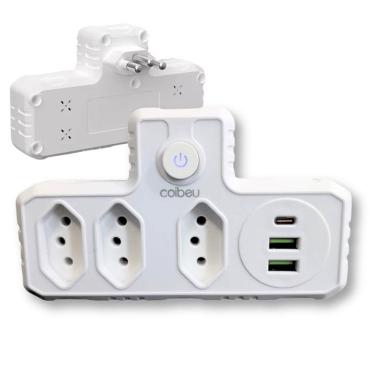 Imagem de Adaptador de Tomada Inteligente 3 Tomadas 2 Interface USB 1 Porta USB Type-C Branco 2500W 10A