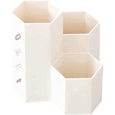 Imagem de Porta-lápis de mesa hexagonal, balde de pincel de maquiagem multifuncional durável, suporte de lápis criativo de grande capacidade para escritório, casa, papelaria (bege)
