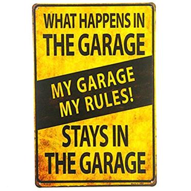 Imagem de WEIMEILD What Happens in The Garage My Garage My Rules Arte de parede de metal, placa de oficina humorística, decoração de caverna masculina rústica, presente para amantes de carros ou entusiastas de