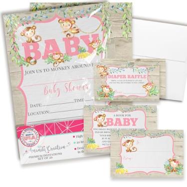 Imagem de Convites de chá de bebê para meninas – Conjunto de convite de chá de bebê menina macaco com ingressos de sorteio de fraldas, cartões de solicitação de livro e envelopes. Conjunto de 20 conjuntos de