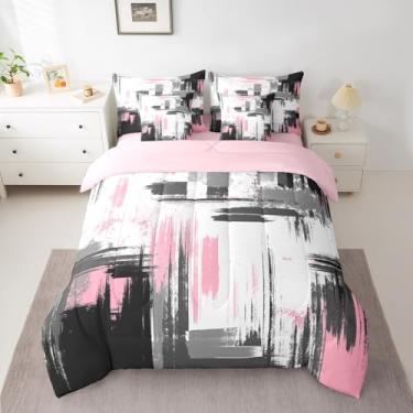 Imagem de Feelyou Conjunto de cama abstrato de 7 peças, arte abstrata, moderno, rosa, branco, preto, edredom leve e retrô, inclui edredom, conjunto de lençol, fronhas e fronhas, tamanho solteiro