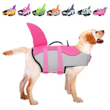 Imagem de ASENKU Colete salva-vidas para cães, nylon Oxford de poliéster de , rosa tubarão, pequeno - maiô seguro para piscina, passeios de barco, torna os cães mais fáceis de nadar