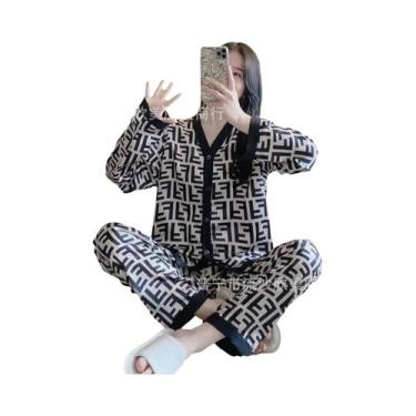 Imagem de Conjunto De Pijamas De Seda Gelada De Manga Comprida Feminino Solto La