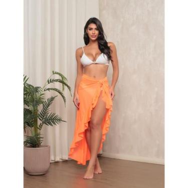 Imagem de Saída de Praia Laranja Pareo Longa Com Babado - Meu Biquinni, Laranja,