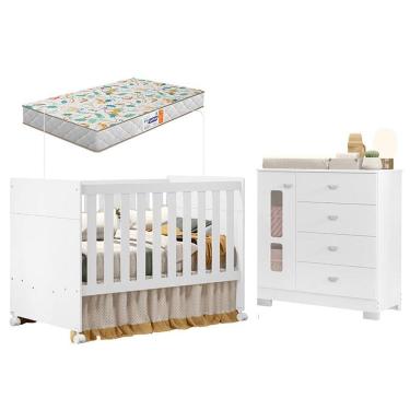 Imagem de Berço Americano e Cômoda Infantil Katatau Branco Acetinado com Colchão Gazin - Reller