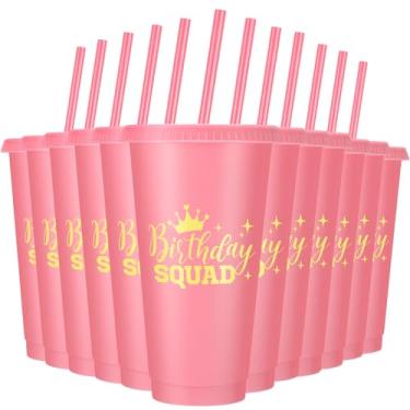 Imagem de Potchen 12 copos de feliz aniversário 680 g copos de plástico reutilizável aniversário esquadrão com tampa e canudo para 20º 30º 40º 50º 60º aniversário de festa de Natal suprimentos para adultos