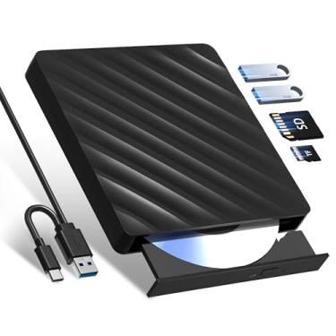 Imagem de Unidade Bluray externa 5 em 1, USB 3.0 Tipo-C fino gravador de DVD Bluray externo óptico com leitor de cartão SD/TF 2 Hubs USB 3.0 compatível com Windows XP/7/8/10 MacOS MacBook Laptop e Desktop