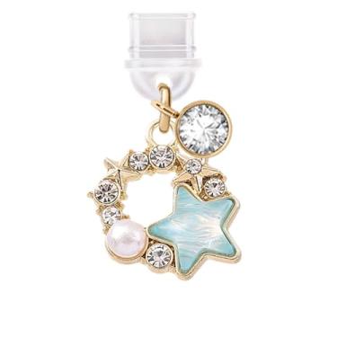 Imagem de ELISE & FONDA Porta de carregamento tipo C TP613, plugue antipoeira, guirlanda de cristal com estrelas, pingente de celular para iPhone 15/16/Samsung/OnePlus/Xiaomi/oppo telefones Android (azul)