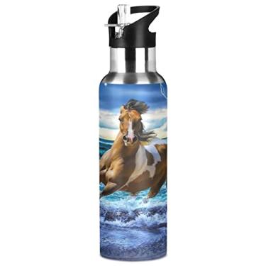 Imagem de ALAZA Garrafa de água Running Horse com tampa de palha, garrafa térmica de aço inoxidável isolada a vácuo, 590 ml, 6