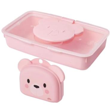 Imagem de Conjunto Infantil Porta Lenço Umedecido de Plástico com Fechamento Hermético de Borracha e Sistema de Abertura Facilitado + Saboneteira Infantil de Viagem com Tampa Basculante, Fechamento de Pressão e Alça de Transporte - Ambos na cor Rosa com decoração Ursa