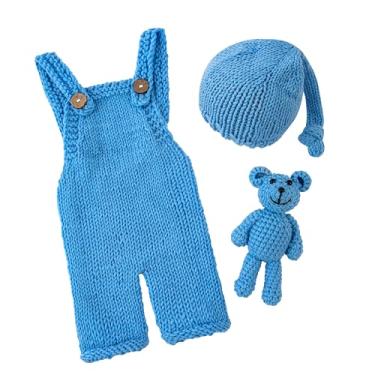 Imagem de Vemonllas Conjunto de fantasia para fotografia de recém-nascidos para meninos e meninas, adereços para fotos de bebê, gorro de urso de crochê, Azul, newborn