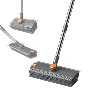 Imagem de Escova de limpeza de chão com rodo, escova de argamassa 2 em 1 com cabo longo ajustável de 137 cm, cerdas rígidas em forma de V, rotação de 360°, escova de limpeza de banheiro para azulejo, deck