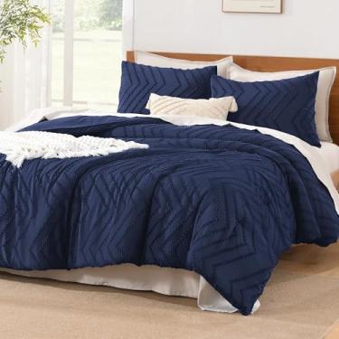 Imagem de Litanika Conjunto de edredom super king índigo, 3 peças, chevron adornado sólido, conjunto de cama fofa