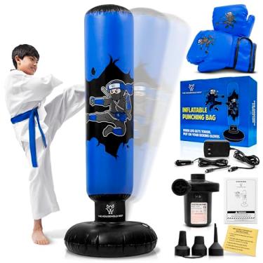 Imagem de THB Saco de pancadas para crianças – Suporte inflável para saco de pancadas com luvas de boxe para crianças de 3 a 8 anos, saco de boxe Ninja de 160 cm com bomba elétrica de ar para praticar Taekwondo