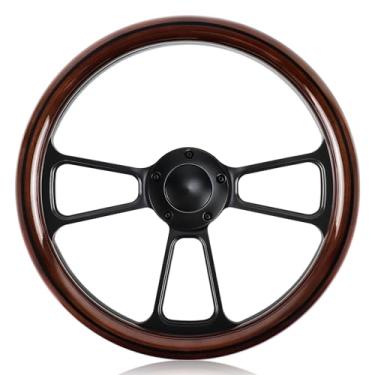 Imagem de QYMOPAY Volante De Madeira Com 5 Furos E 5 Parafusos, Punho De 14 Polegadas Com Volante De Corrida De Linha Preta, Para Corrida/Rally/Esportes Motorizados/Simulador De Carro, Volante De Corrida Univ