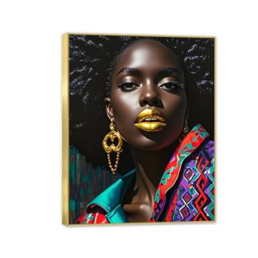 Imagem de Arte de parede de menina negra afro-americana colorida preta africana com lábios emoldurados para sala de estar, quarto, decoração de casa, 50 x 40 cm (20 x 16 pol), moldura dourada