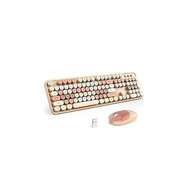 Imagem de Teclado sem fio e mouse Combo Leite/Chá, Teclado redondo de 2,4 GHz Teclados coloridos, Plug and Play para Windows, Mac, PC